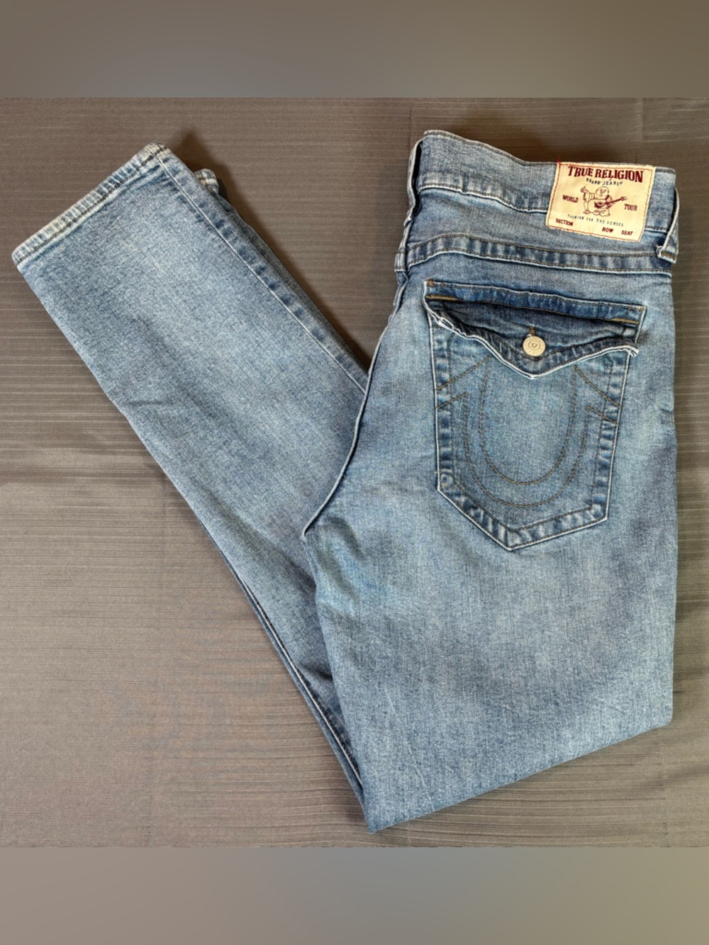 True Religion Geno Relaxed Slim Jeans Size 40 Light Wash Distressed Flap Pocket